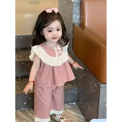 Quần áo bé gái, set đồ bộ kẻ áo sát nách cổ ren phối quần ống suông size 10-22kg