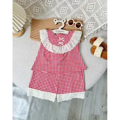 Quần áo bé gái, set đồ bộ kẻ áo sát nách cổ ren phối quần ống suông size 10-22kg