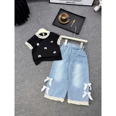 Quần áo bé gái, set áo tăm cổ ren kèm quần jean suông cho bé 13-38kg