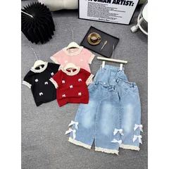 Quần áo bé gái, set áo tăm cổ ren kèm quần jean suông cho bé 13-38kg