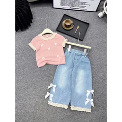 Quần áo bé gái, set áo tăm cổ ren kèm quần jean suông cho bé 13-38kg