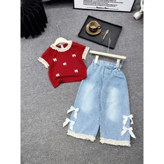 Quần áo bé gái, set áo tăm cổ ren kèm quần jean suông cho bé 13-38kg