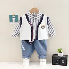 Quần áo thu đông bé trai, set 3ct: áo sơ mi kẻ, áo gile da cá và quần jean dày dặn cho bé 10-20kg