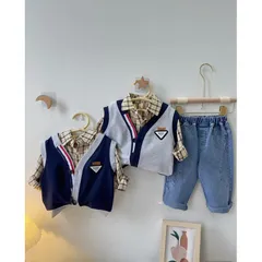 Quần áo thu đông bé trai, set 3ct: áo sơ mi kẻ, áo gile da cá và quần jean dày dặn cho bé 10-20kg