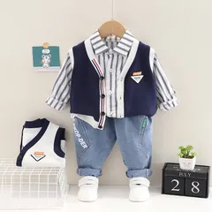Quần áo thu đông bé trai, set 3ct: áo sơ mi kẻ, áo gile da cá và quần jean dày dặn cho bé 10-20kg