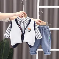Quần áo thu đông bé trai, set 3ct: áo sơ mi kẻ, áo gile da cá và quần jean dày dặn cho bé 10-20kg