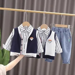 Quần áo thu đông bé trai, set 3ct: áo sơ mi kẻ, áo gile da cá và quần jean dày dặn cho bé 10-20kg