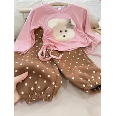 Quần áo thu đông bé gái, set bộ áo zip thêu đắp gấu đeo nơ kèm quần nỉ 2 da chấm bi cho bé 10-22kg