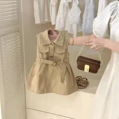 Váy bé gái, váy kaki sát nách có cổ và đai tiểu thư cho bé 10-32kg