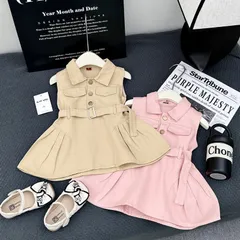 Váy bé gái, váy kaki sát nách có cổ và đai tiểu thư cho bé 10-32kg