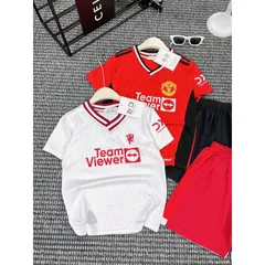 Quần áo bóng đá trẻ em, set bộ quần áo thể thao chất cotton phủ bóng họa tiết đội MU cho bé 10-30kg