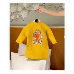 Áo dài cách tân cho bé, áo dài nhung chéo họa tiết Kỳ Lân 2 màu cho bé trai size 8-22kg