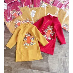 Áo dài cách tân cho bé, áo dài nhung chéo họa tiết Kỳ Lân 2 màu cho bé trai size 8-22kg