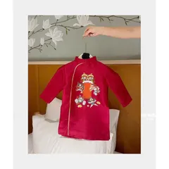 Áo dài cách tân cho bé, áo dài nhung chéo họa tiết Kỳ Lân 2 màu cho bé trai size 8-22kg