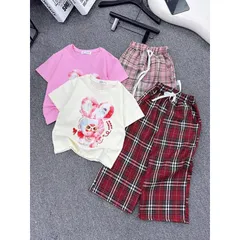 Quần áo bé gái, set bộ áo cộc tay cotton Babythree kèm quần kẻ suông ống rộng size bé 13-40kg