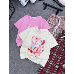 Quần áo bé gái, set bộ áo cộc tay cotton Babythree kèm quần kẻ suông ống rộng size bé 13-40kg