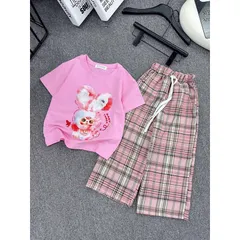 Quần áo bé gái, set bộ áo cộc tay cotton Babythree kèm quần kẻ suông ống rộng size bé 13-40kg