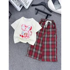 Quần áo bé gái, set bộ áo cộc tay cotton Babythree kèm quần kẻ suông ống rộng size bé 13-40kg