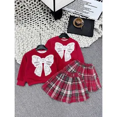 Váy bé gái, set áo nỉ đỏ thêu ren nơ kèm chân váy dạ kẻ xếp ly cho bé diện Tết size 10-40kg