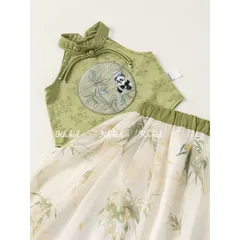 Váy bé gái, set váy trung thu áo cổ yếm lụa thêu gái trúc kèm chân váy voan tơ xịn sò cho bé 12-35kg