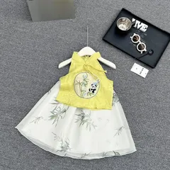 Váy bé gái, set váy trung thu áo cổ yếm lụa thêu gái trúc kèm chân váy voan tơ xịn sò cho bé 12-35kg