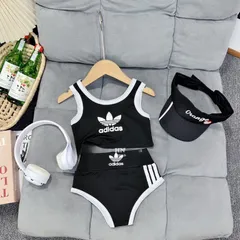 Đồ bơi cho bé, set 3ct Bikini 3 sọc kèm mũ nửa đầu cho bé gái 10-30kg
