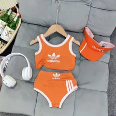 Đồ bơi cho bé, set 3ct Bikini 3 sọc kèm mũ nửa đầu cho bé gái 10-30kg
