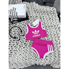 Đồ bơi cho bé, set 3ct Bikini 3 sọc kèm mũ nửa đầu cho bé gái 10-30kg
