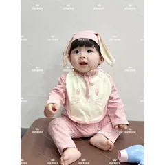 Quần áo thu đông bé gái, set 4ct: quần áo, mũi và yếm chất zip tai thỏ siêu đẹp bé 6-15kg