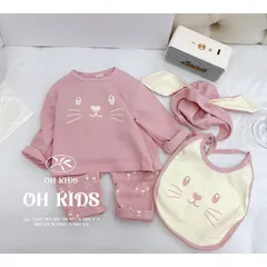 Quần áo thu đông bé gái, set 4ct: quần áo, mũi và yếm chất zip tai thỏ siêu đẹp bé 6-15kg