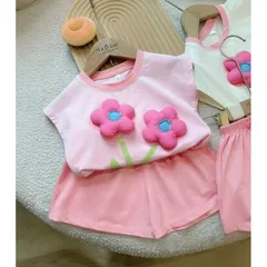 Đồ bộ bé gái, set bộ quần áo cộc tay chất cotton 2 bông hoa nổi xinh yêu cho bé 10-20kg