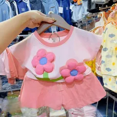 Đồ bộ bé gái, set bộ quần áo cộc tay chất cotton 2 bông hoa nổi xinh yêu cho bé 10-20kg