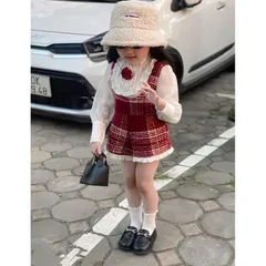 Quần áo bé gái, set 3ct: Jump dạ đỏ, áo sơ mi cổ bèo kèm hoa trà cho bé size 10-24kg