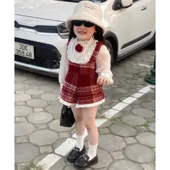 Quần áo bé gái, set 3ct: Jump dạ đỏ, áo sơ mi cổ bèo kèm hoa trà cho bé size 10-24kg
