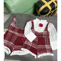 Quần áo bé gái, set 3ct: Jump dạ đỏ, áo sơ mi cổ bèo kèm hoa trà cho bé size 10-24kg