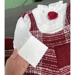 Quần áo bé gái, set 3ct: Jump dạ đỏ, áo sơ mi cổ bèo kèm hoa trà cho bé size 10-24kg