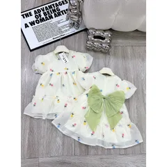 Váy bé gái, váy tơ hoa công chúa nơ xanh cho bé 10-22kg