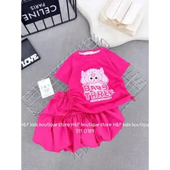 Váy bé gái, set áo cotton rút eo 2 bên BABY THREE kèm chân váy thô bồng cho bé 8-30kg