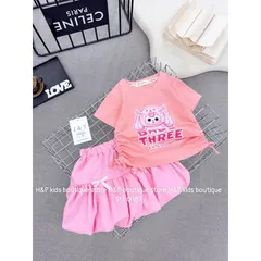 Váy bé gái, set áo cotton rút eo 2 bên BABY THREE kèm chân váy thô bồng cho bé 8-30kg