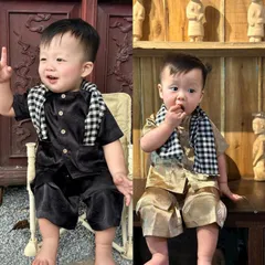 Đồ trung thu cho bé trai, set bộ chú Cuội chất gấm lụa kèm khăn kẻ caro cho bé a 10-30kg