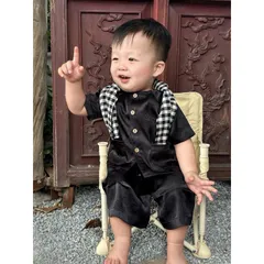 Đồ trung thu cho bé trai, set bộ chú Cuội chất gấm lụa kèm khăn kẻ caro cho bé a 10-30kg