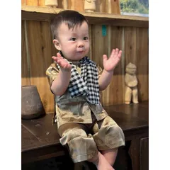 Đồ trung thu cho bé trai, set bộ chú Cuội chất gấm lụa kèm khăn kẻ caro cho bé a 10-30kg