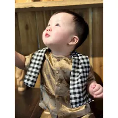 Đồ trung thu cho bé trai, set bộ chú Cuội chất gấm lụa kèm khăn kẻ caro cho bé a 10-30kg