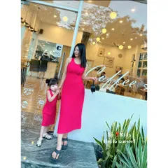 Đồ đôi mẹ và bé, váy thun chéo sát nách dáng dài cho mẹ và bé có lớp lót lụa xịn xò
