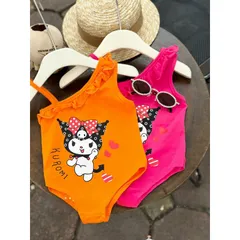 Đồ bơi bé gái, bikini liền thân lệch vai bèo họa tiết Kuromi cho bé 10-30kg