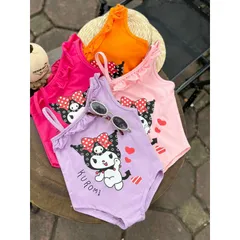 Đồ bơi bé gái, bikini liền thân lệch vai bèo họa tiết Kuromi cho bé 10-30kg
