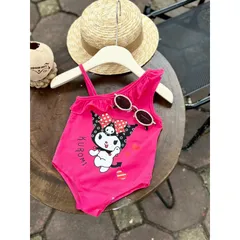 Đồ bơi bé gái, bikini liền thân lệch vai bèo họa tiết Kuromi cho bé 10-30kg