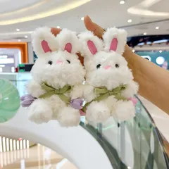 Móc Khóa Thỏ Trắng Buộc Nơ Hoa Tulip 16cm – Thú Bông Mini Treo Cặp, Túi Xách, Chìa Khóa Dễ Thương, Quà Tặng Cute