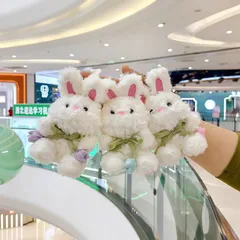 Móc Khóa Thỏ Trắng Buộc Nơ Hoa Tulip 16cm – Thú Bông Mini Treo Cặp, Túi Xách, Chìa Khóa Dễ Thương, Quà Tặng Cute