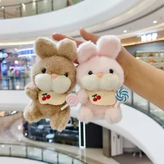 Móc khóa thỏ cầm kẹo mút yếm cherry 13cm, thú bông thỏ dễ thương, móc treo balo túi xách